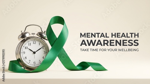 Mental Health Awareness Green Ribbon and Alarm Clock Concept for Healthcare Banner and Wellbeing Promotion Poster.