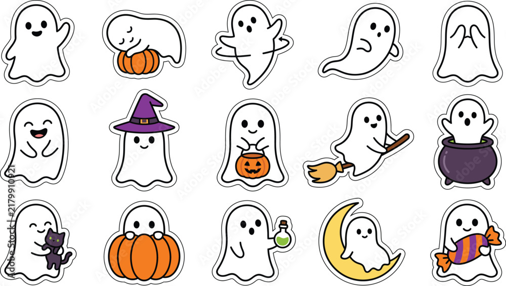 Fototapeta premium Collection of cute little white ghosts set for halloween celebration vector illustration