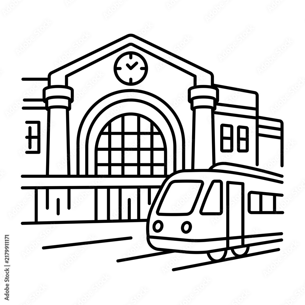 Obraz premium hand drwana icon showing union station. Clean black hand drwan work, simple details, and open white space create a clear, balanced urban or lifestyle composition.