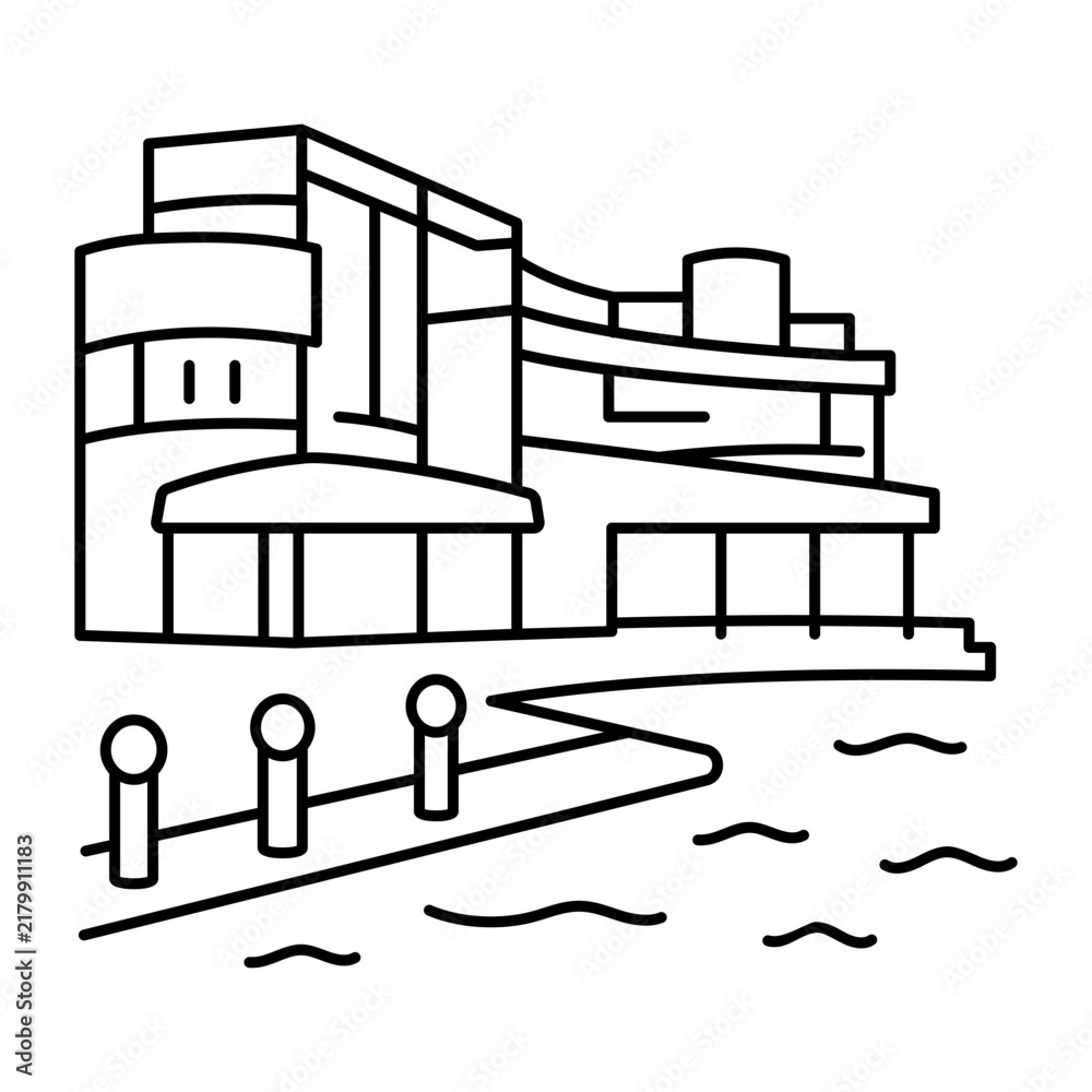 Obraz premium hand drwan icon of waterfront centre. Clean black hand drwan work, simple details, and open white space create a clear, balanced urban or lifestyle composition.