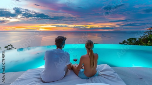 Couple enjoying wine by an infinity pool, watching sunset over ocean