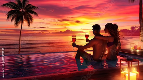 Couple enjoying wine in a pool overlooking the ocean at sunset with candles