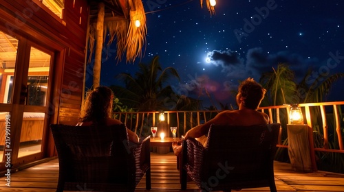 Couple enjoys night, ocean view from wooden balcony, under starlight & lanterns