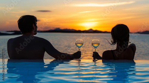 Couple enjoys sunset view over water while sipping wine from a pool's edge