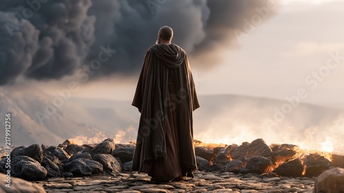 Elijah standing before the altar after divine fire consumes the sacrifice on Mount Carmel.