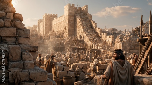 Workers rebuilding the walls of Jerusalem stone by stone under Nehemiah's leadership amid the surrounding ruins.