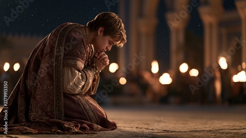 Young King Solomon kneeling in prayer at night, humbly seeking wisdom from God in the royal palace.