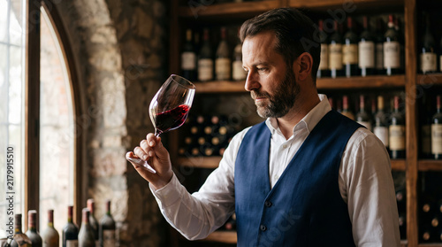 Man examining red wine in a glass in a cellar