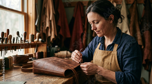 Artisan woman handcrafting a leather bag in a workshop