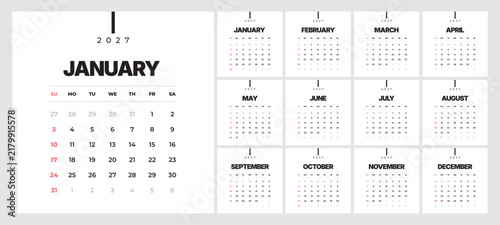 Square monthly calendar template for 2027 year. English calendar. Week starts on Sunday. Set of 12 months. Simple elegant minimalist design