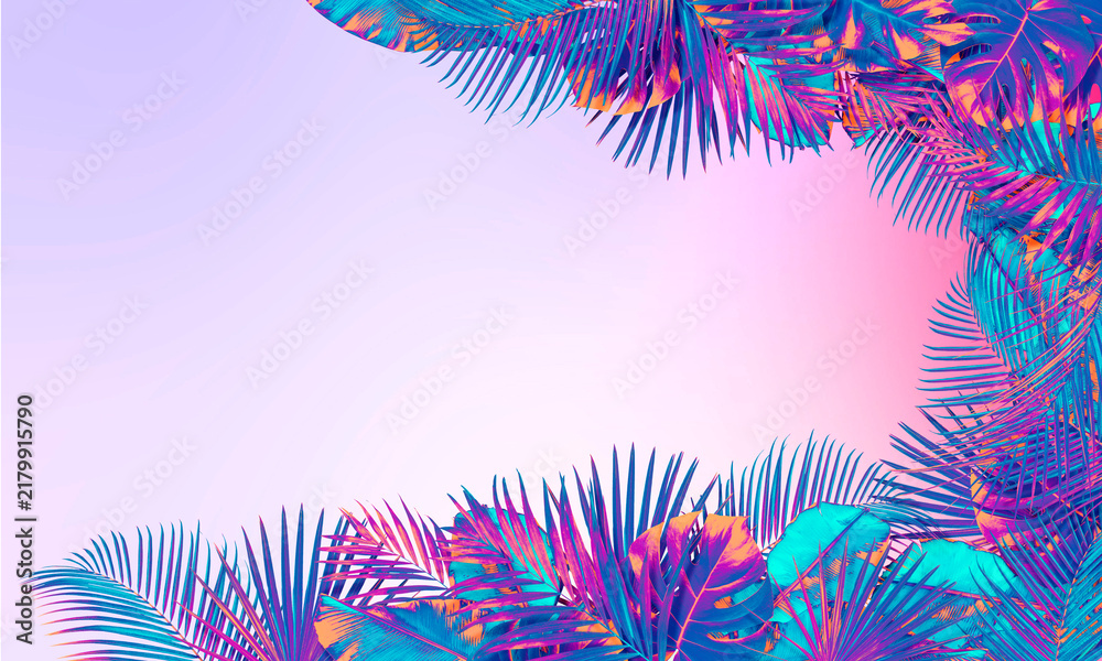Obraz premium Vibrant neon tropical leaves against color gradient background, banner design. Space for text