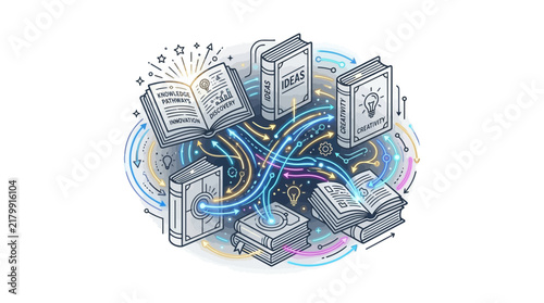 Creative Concept Illustration of Interconnected Books for Knowledge Discovery and Innovation