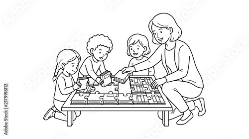 Teacher and young children building a book puzzle together in classroom