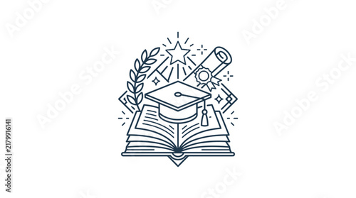 Academic graduation concept illustration with cap, book, and diploma in thin line art style