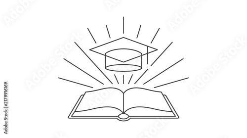 Academic success concept with graduation mortarboard and open book line art illustration