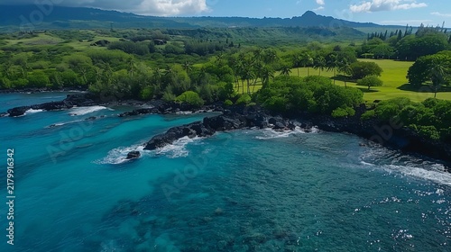 Aerial view of a turquoise ocean meeting a rocky shoreline, green terrain inland