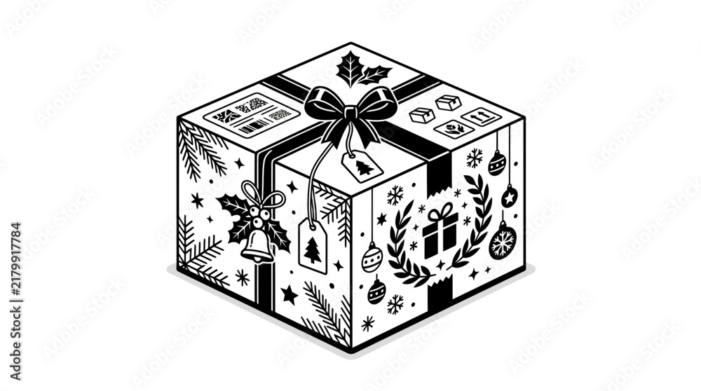 Obraz premium Isometric black and white Christmas gift box delivery parcel with holiday decorations and shipping labels