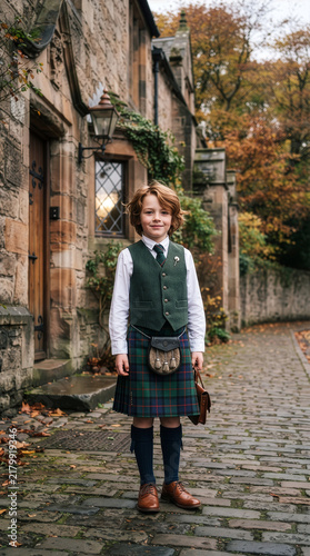 Young boy in traditional scottish kilt standing on cobblestone street in old town