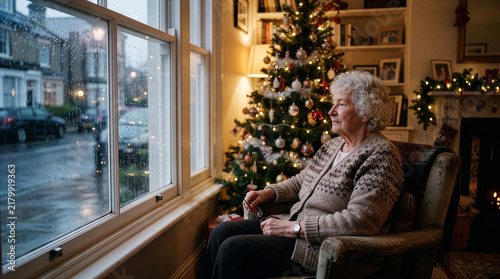 Senior woman sitting alone by window looking out during christmas holiday season