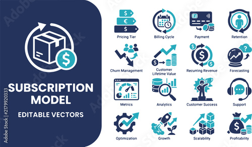 Comprehensive set of subscription business model flat icons including recurring billing payment retention and growth analytics for software services