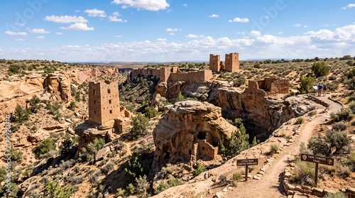 Hovenweep National Monument in Utah. Square Tower ancestral Puebloan village of dwellings along the Little Ruin Canyon.Stronghold House, Twin Towers, Eroded Boulder House, Rim Rock House, Tower Point