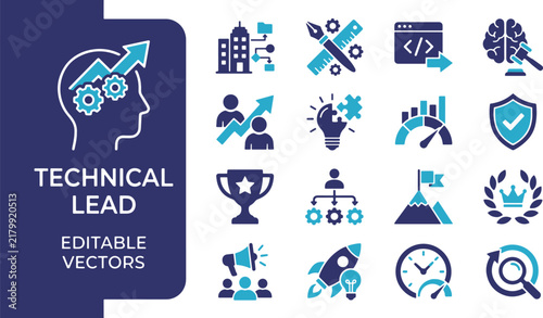 Technical Lead Icon Set with Flat Filled Glyph Style and Business Leadership Symbols