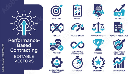 Professional business management icon set featuring corporate strategy metrics and operational efficiency symbols for service level agreements