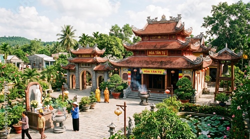 Vinh Binh village, Vietnam -May 6, 2026: Hoa Tan Pagoda, Buddhist temple known for traditional Vietnamese architecture, peaceful surroundings, sacred shrines, and local spiritual community heritage.