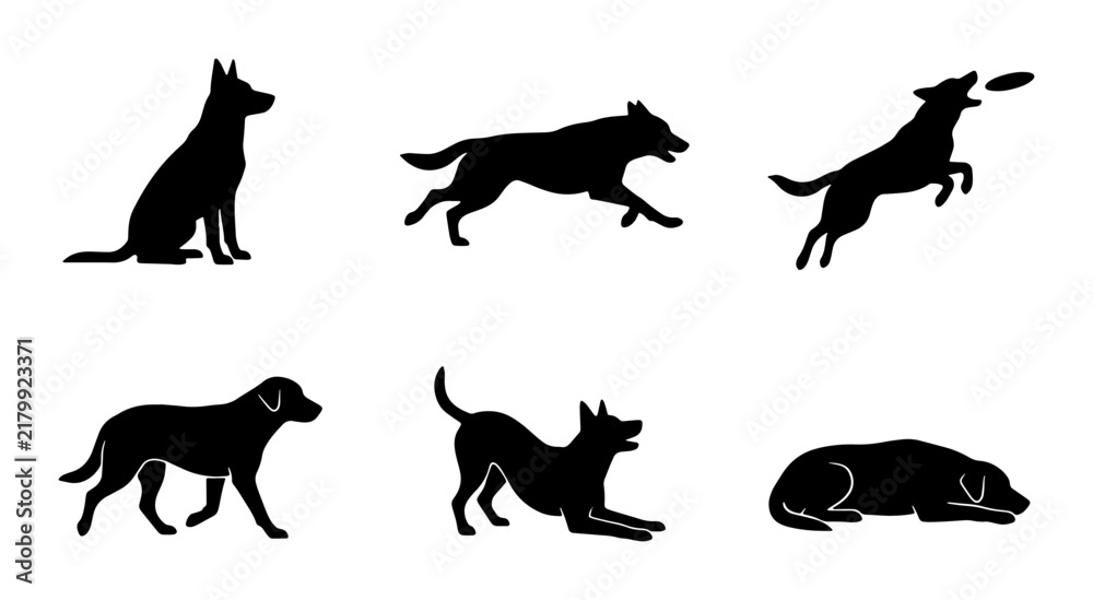 Obraz premium Dog Silhouettes Collection: Sitting, Running, Jumping, Walking, Playing, Resting Poses