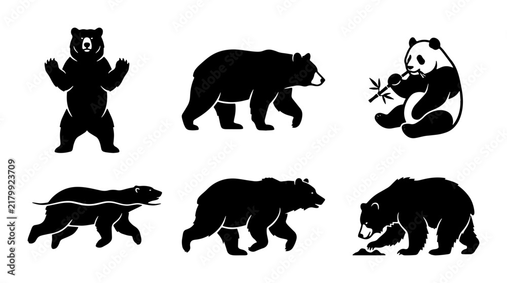Fototapeta premium Black Bear Silhouettes Collection, Panda Bear Icon, Wildlife Animal Vector Graphics, Nature Icons
