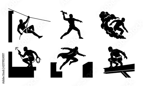 Canvas Print Action Silhouette Icons: Dynamic Parkour, Climbing, Surfing, and Combat Poses fo