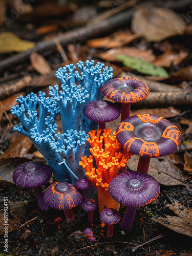 Surreal colorful fantasy mushrooms and coral-like fungi growing on a damp forest floor, featuring vivid purple, orange and electric blue forms.