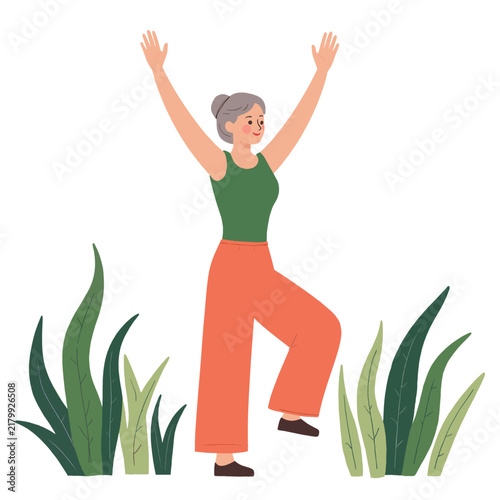 Older woman celebrating joyfully among green plants. Elderly set  