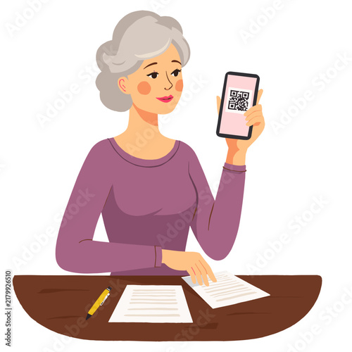 Senior woman holding smartphone with QR code and papers on table. Elderly set  