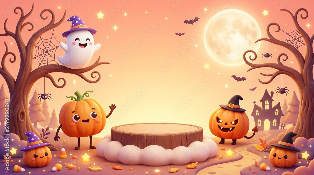 Fototapeta premium Cute halloween pumpkin characters and ghost with a product display podium in a spooky forest under a full moon