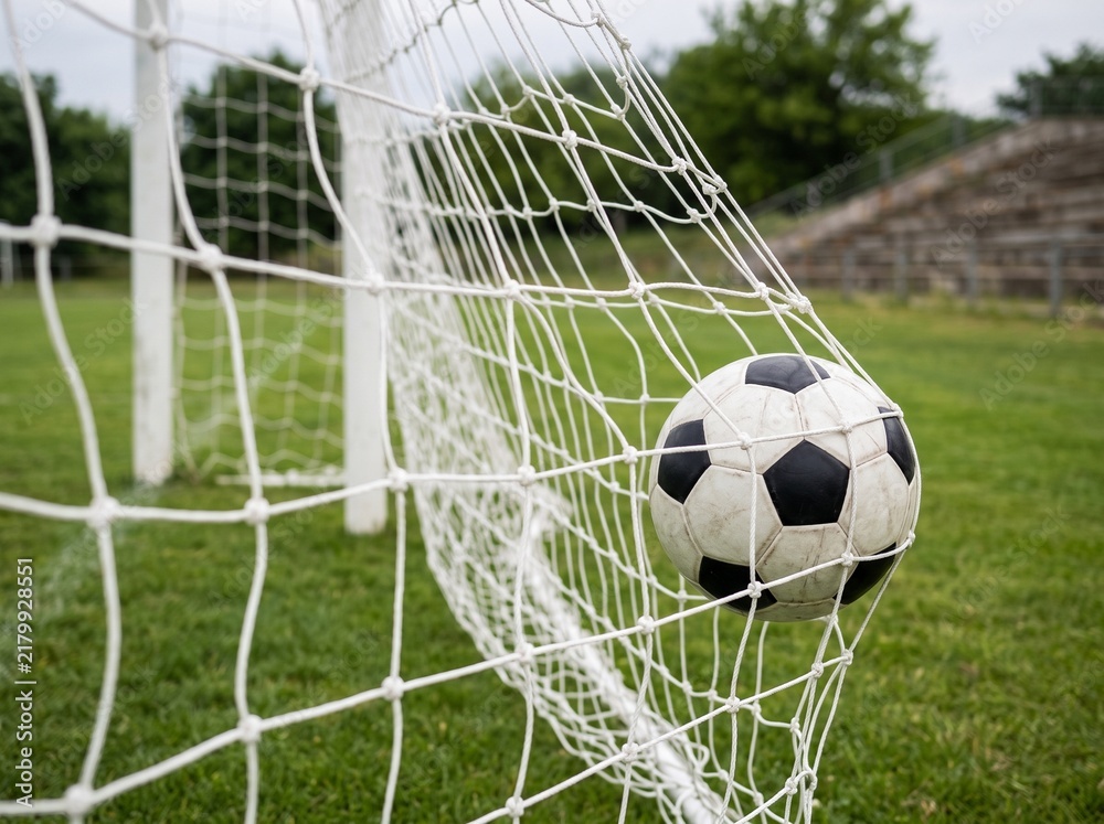 Naklejka premium A black and white soccer ball hitting the back of the net during a field game