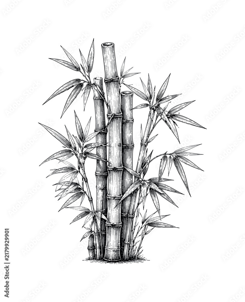 Fototapeta premium Detailed ink drawing of a bamboo grove with delicate leaves and segmented stalks