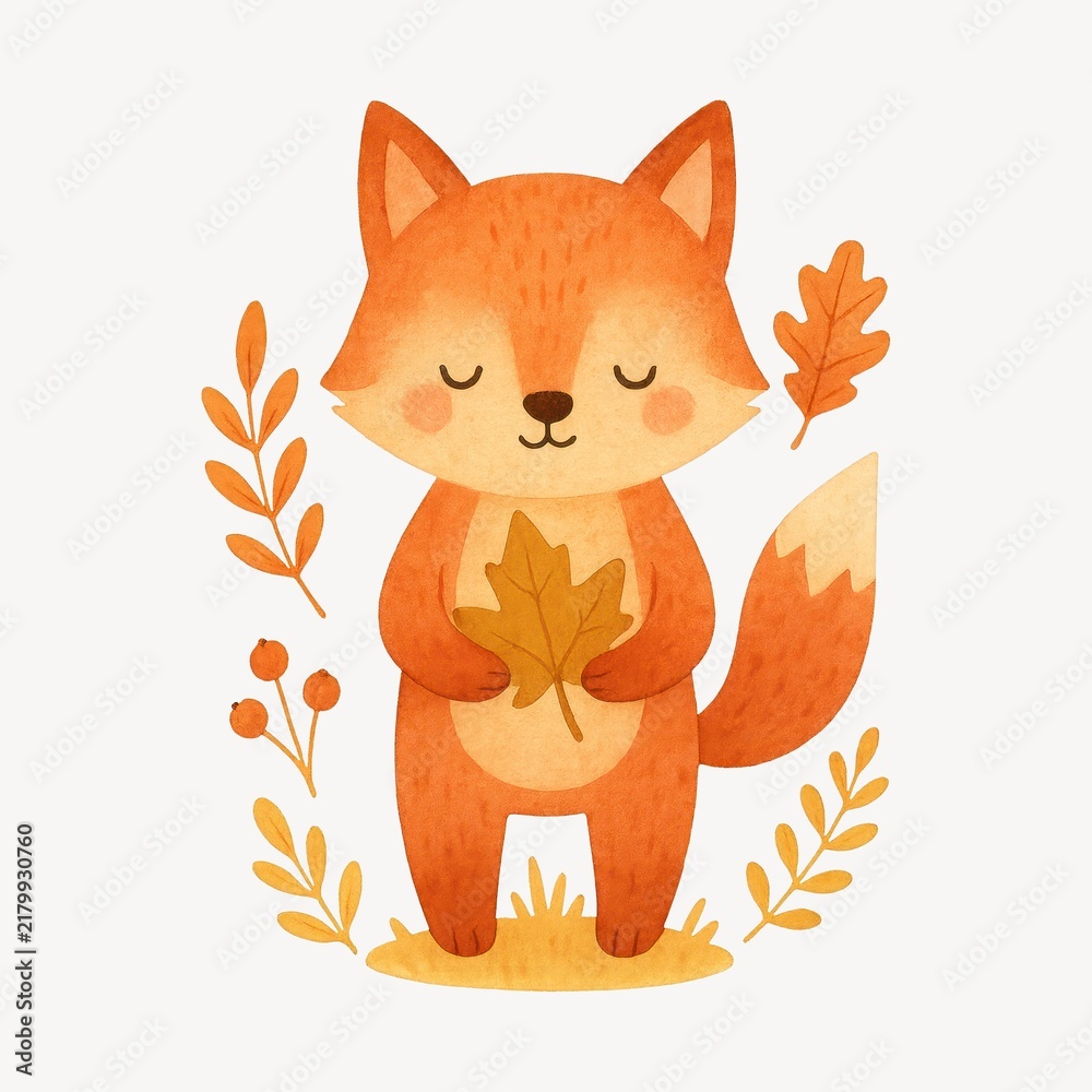 Obraz premium Cute fox with autumn leaves.