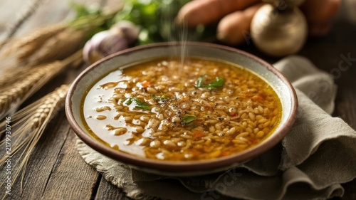 A national dish of Italian cuisine. 
Minestra di grano spezzato is a soup made from crushed wheat in a rich vegetable broth with herbs and olive oil. 