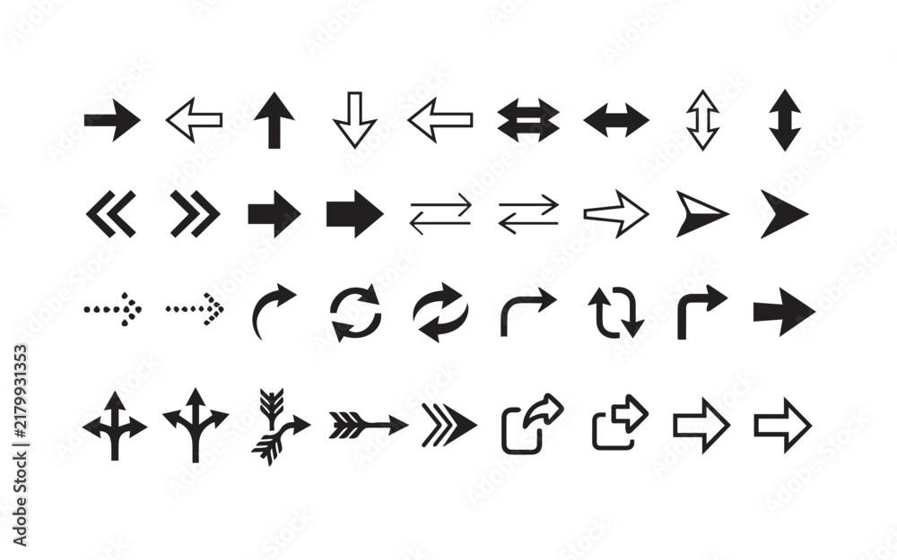 Fototapeta premium Diverse arrow silhouettes including dashed lines and bold pointers for infographic flowchart visuals.