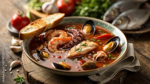 A national dish of Italian cuisine. 
Cacciucco is a thick and spicy soup made from several types of fish and shellfish, based on tomato broth with garlic, and served with croutons.
