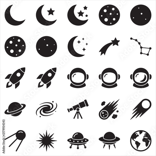 Set of black and white astronomy icons including moon phases planets rocket ship and telescope vector illustration with space elements planet icons telescope icon astronaut helmet shooting star