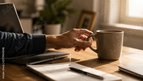 Hand reaching for a coffee mug beside a laptop at a desk