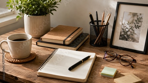 Cosy home office desk with notebooks coffee and glasses