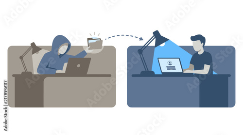 Hooded hacker stealing digital file from a desk worker on laptop