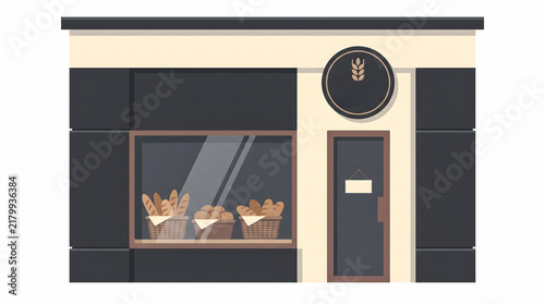 Artisanal bakery storefront illustration with window display of bread and pastries, copy space available