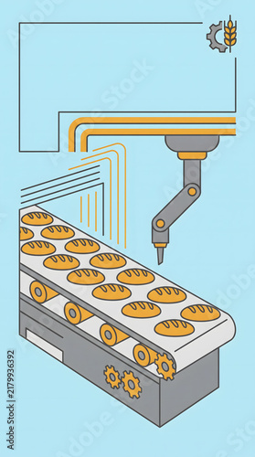 Automated industrial bread production line with robotic arm and conveyor belt system