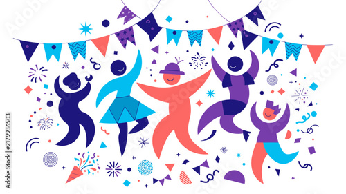 Colorful abstract people dancing at a party with confetti and banners