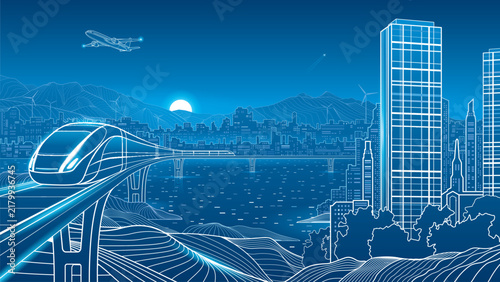 Futuristic smart city with high speed train on elevated railway, modern skyline, airplane, wind turbines, mountains and water. Blue technology vector illustration of sustainable transportation