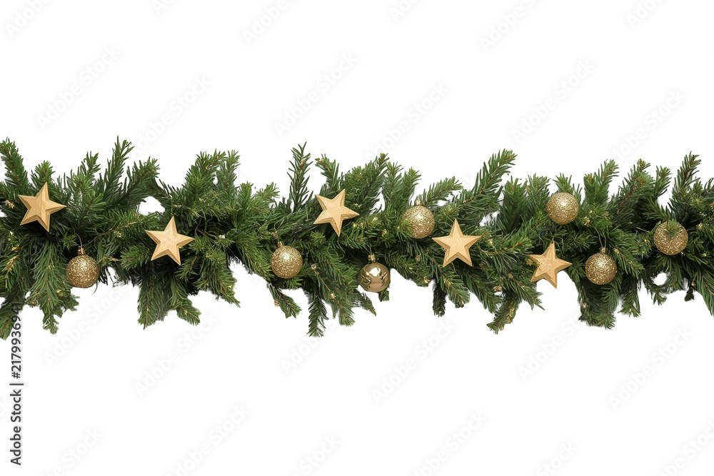 Fototapeta premium Christmas Evergreen Garland with Gold Stars